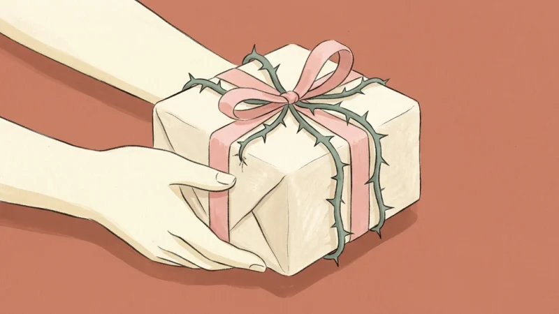 An editorial illustration of hands holding a gift box where the elegant pink ribbon turns into sharp, thorny brambles.