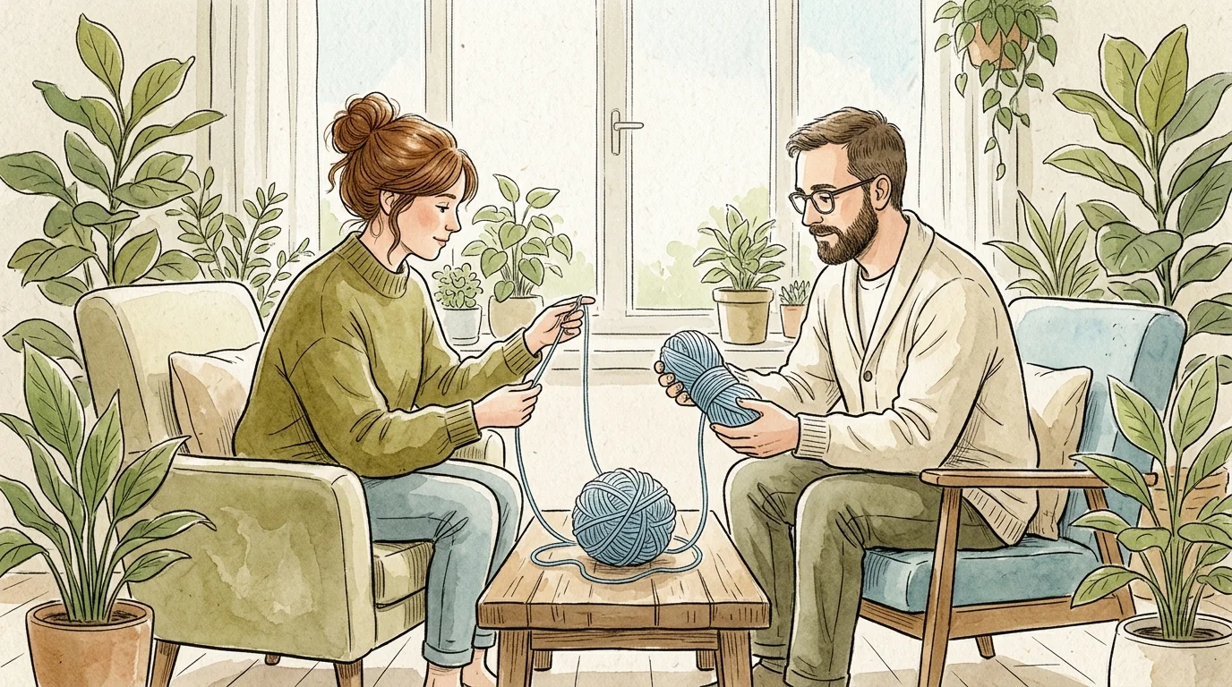 An editorial illustration of two people sitting in chairs, gently unspooling a tangled ball of blue yarn together.