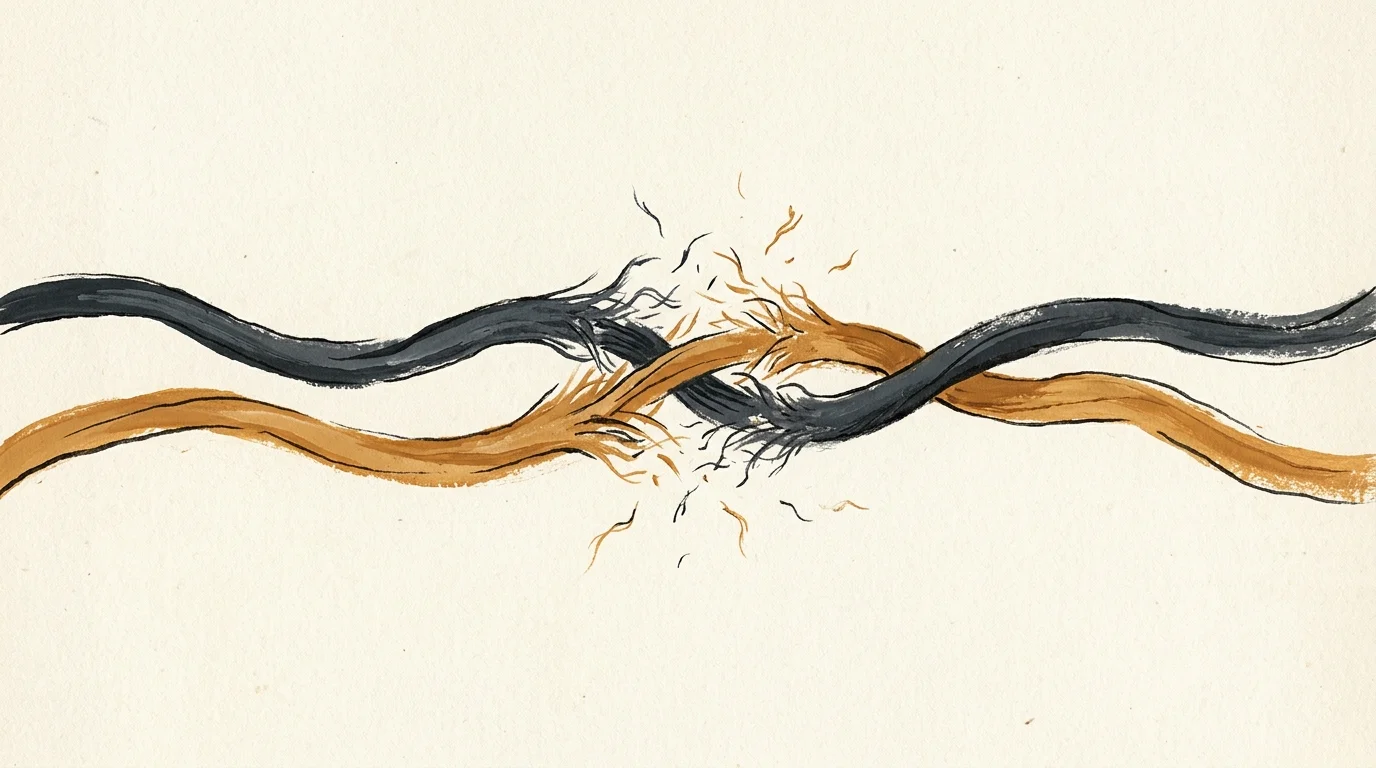 An editorial illustration of two twisting threads, one ochre and one charcoal, fraying together in the middle to represent mind-body connect
