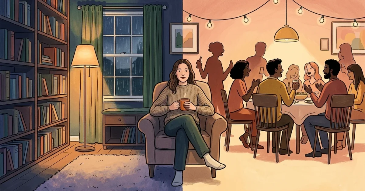 An editorial illustration showing a person sitting comfortably in an armchair that transitions between a quiet study and a warm social gathe