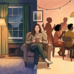 An editorial illustration showing a person sitting comfortably in an armchair that transitions between a quiet study and a warm social gathe