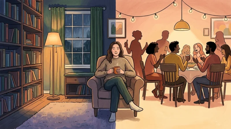 An editorial illustration showing a person sitting comfortably in an armchair that transitions between a quiet study and a warm social gathe