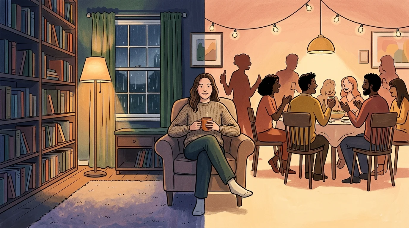 An editorial illustration showing a person sitting comfortably in an armchair that transitions between a quiet study and a warm social gathe