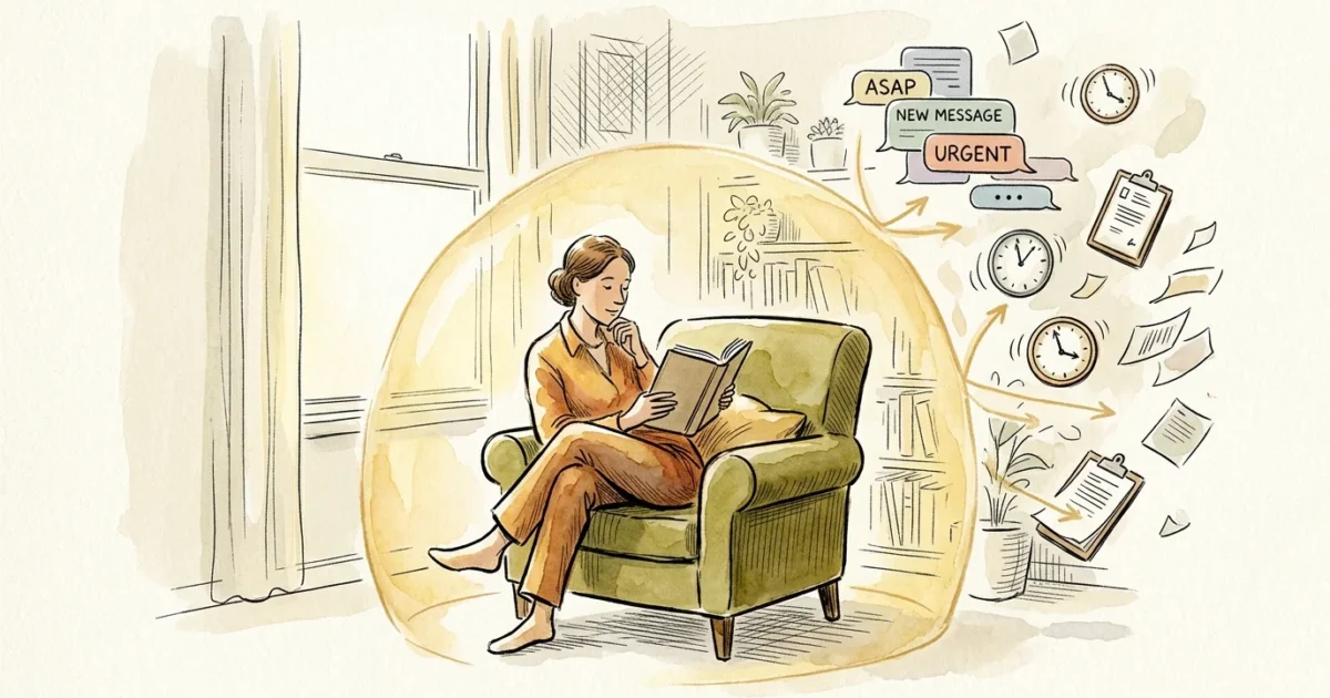 An editorial ink and watercolor illustration of a person reading peacefully in an armchair, protected by a glowing golden aura.