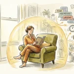 An editorial ink and watercolor illustration of a person reading peacefully in an armchair, protected by a glowing golden aura.