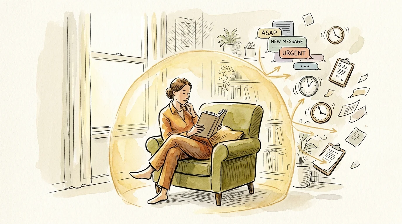 An editorial ink and watercolor illustration of a person reading peacefully in an armchair, protected by a glowing golden aura.