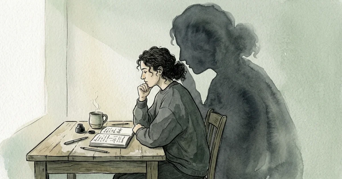 An editorial ink and watercolor illustration of a person sitting at a desk with an giant shadow of their own profile whispering in their ear