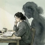 An editorial ink and watercolor illustration of a person sitting at a desk with an giant shadow of their own profile whispering in their ear