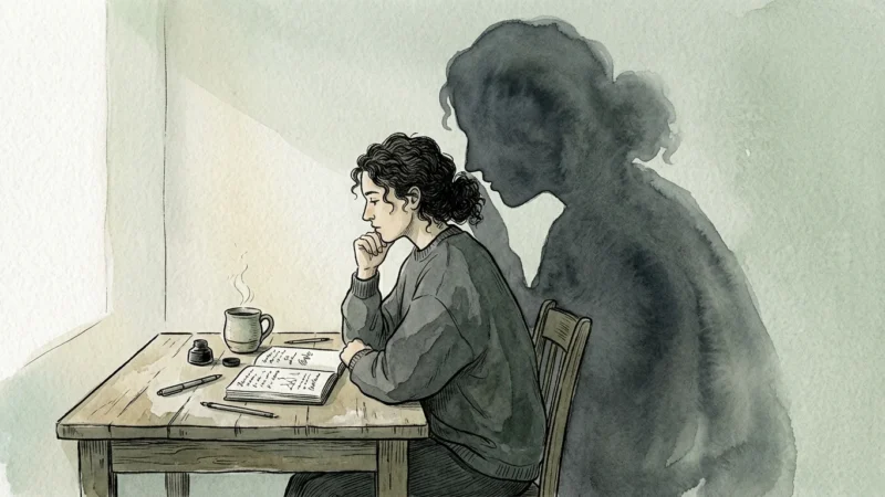 An editorial ink and watercolor illustration of a person sitting at a desk with an giant shadow of their own profile whispering in their ear