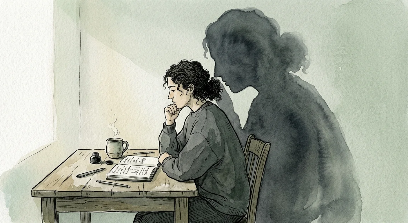 An editorial ink and watercolor illustration of a person sitting at a desk with an giant shadow of their own profile whispering in their ear
