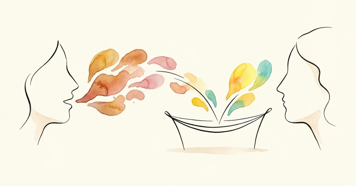 An editorial ink and watercolor illustration of two profiles, showing speech bouncing off a supportive line like a trampoline.
