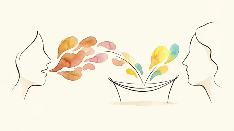 An editorial ink and watercolor illustration of two profiles, showing speech bouncing off a supportive line like a trampoline.