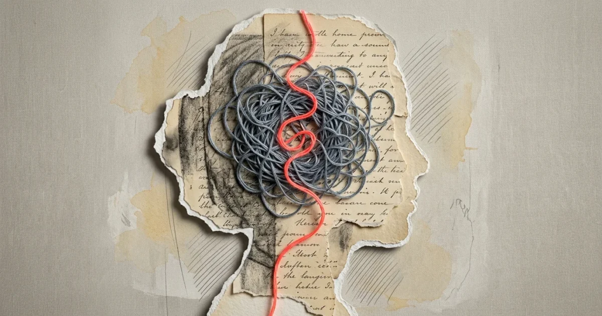 An editorial mixed-media collage of a woman's silhouette filled with tangled gray threads and a single glowing red thread.