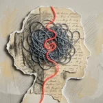 An editorial mixed-media collage of a woman's silhouette filled with tangled gray threads and a single glowing red thread.