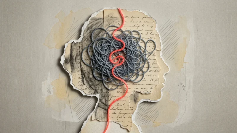 An editorial mixed-media collage of a woman's silhouette filled with tangled gray threads and a single glowing red thread.