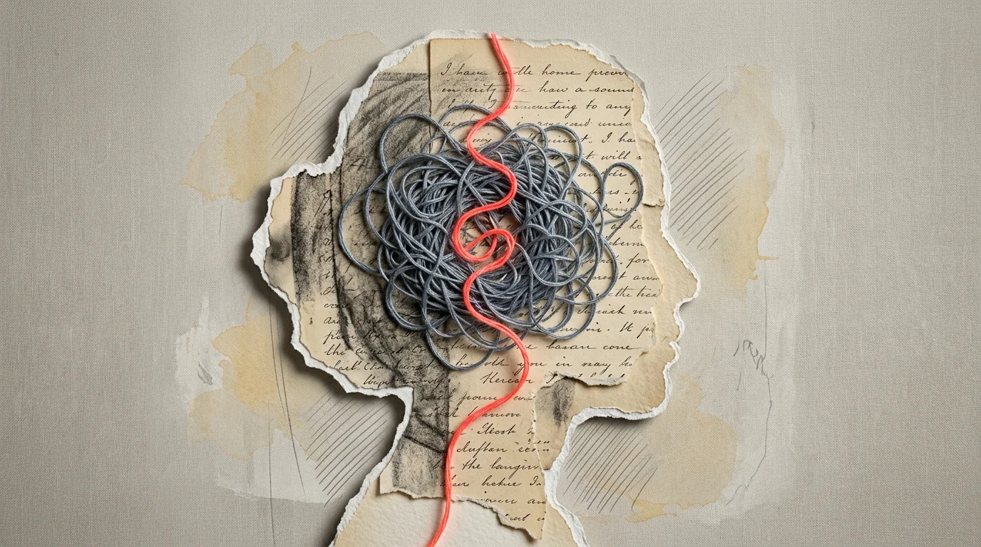 An editorial mixed-media collage of a woman's silhouette filled with tangled gray threads and a single glowing red thread.