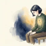 An editorial watercolor illustration of a person looking at a small glowing key in their chest, symbolizing inner emotional intelligence.
