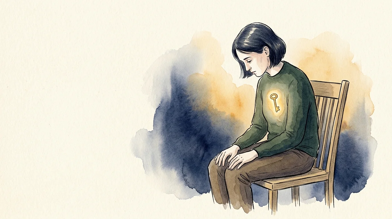 An editorial watercolor illustration of a person looking at a small glowing key in their chest, symbolizing inner emotional intelligence.