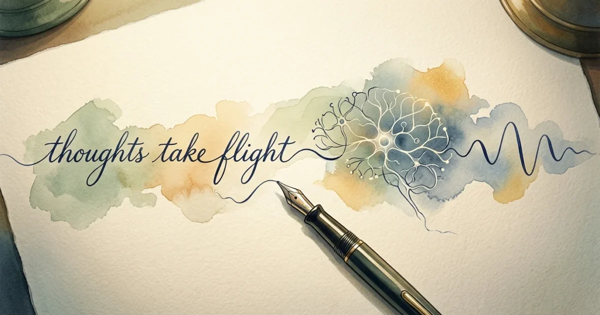 An elegant watercolor illustration of a fountain pen drawing a line that transforms from cursive handwriting into a neural network.