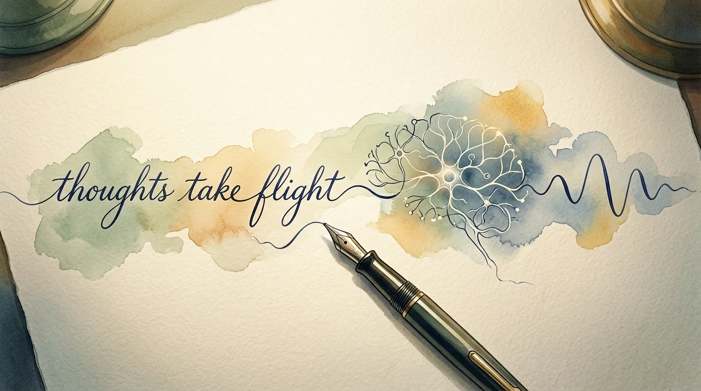 An elegant watercolor illustration of a fountain pen drawing a line that transforms from cursive handwriting into a neural network.