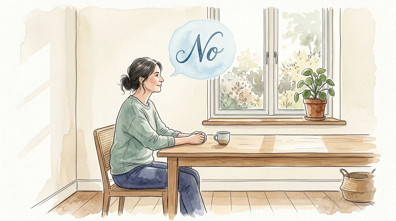 An elegant watercolor illustration of a person at a table with a floating bubble containing the word 'No', representing guilt-free boundarie