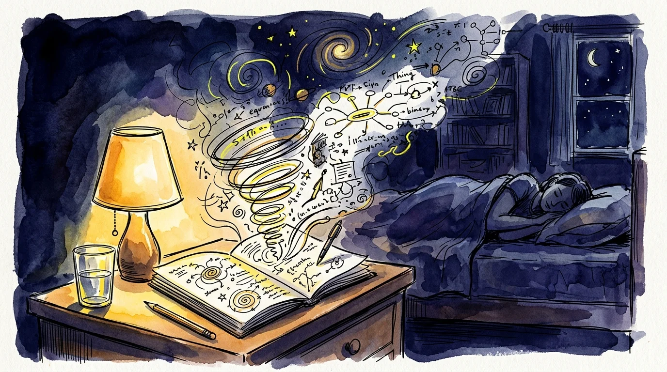 Watercolor illustration of a person asleep in bed beside a nightstand with a glowing open notebook swirling with sketches.