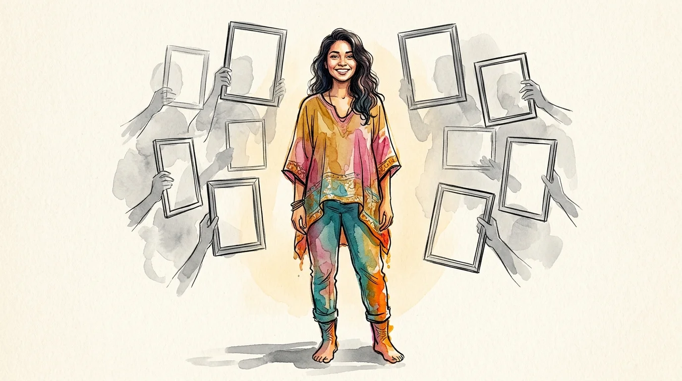 An illustration of a colorful person standing confidently while empty grey picture frames float harmlessly around them.