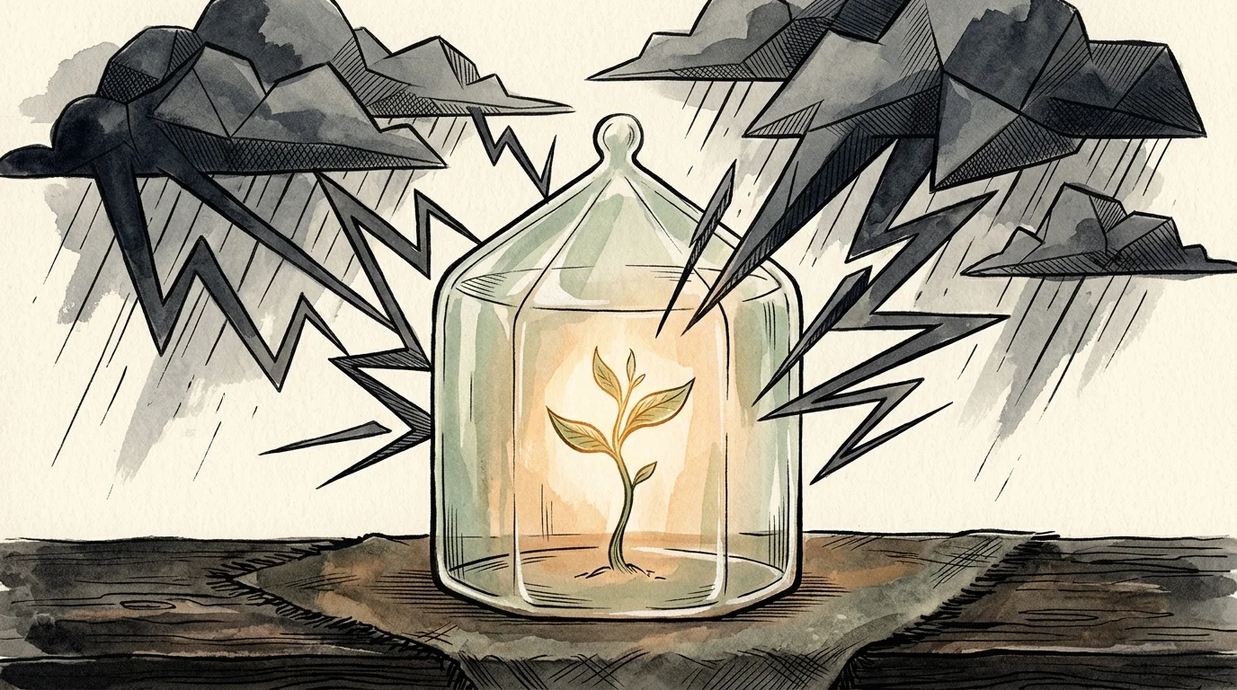 An illustration of a delicate glowing seedling protected inside a glass jar, while dark abstract storm elements swirl outside.
