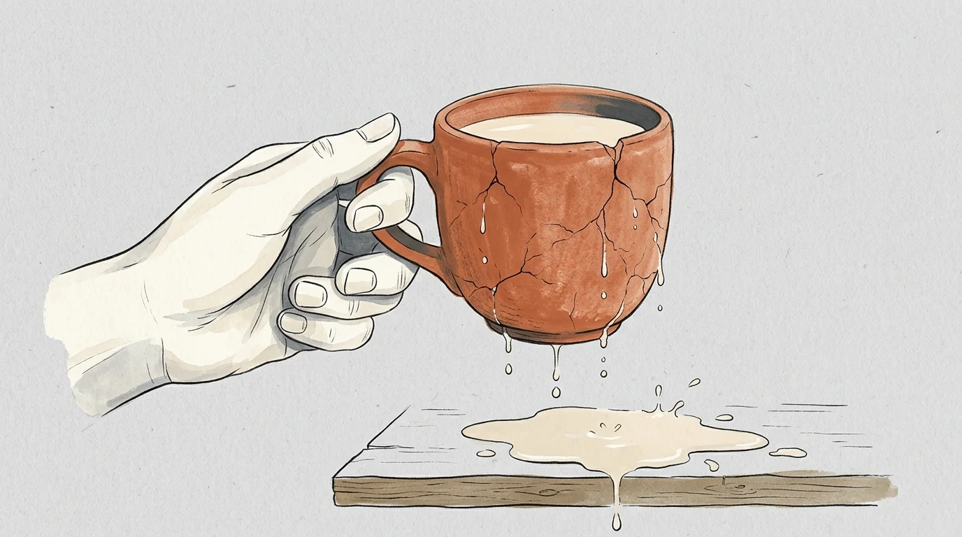 An illustration of a hand holding a ceramic mug with fine cracks, where water slowly leaks out, symbolizing energy depletion.