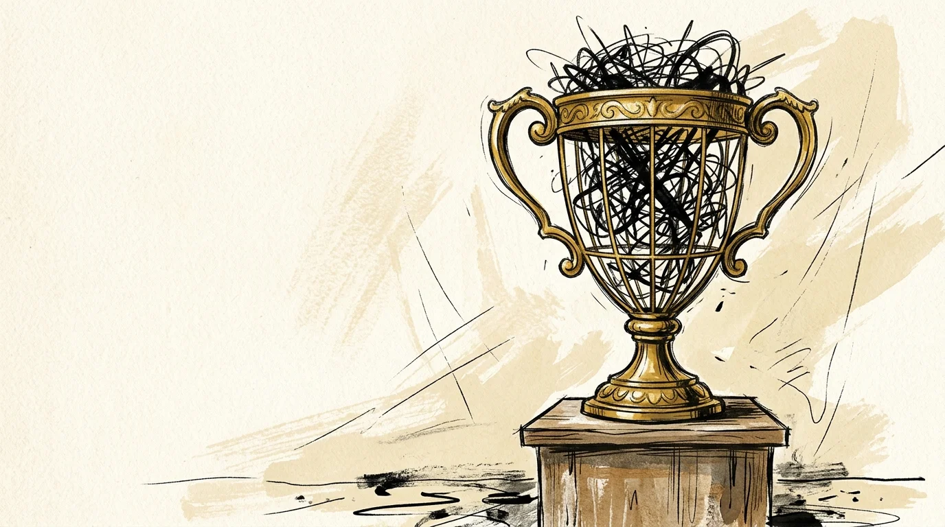 An illustration of a hollow gold trophy filled with a tangled nest of black scribbled lines.
