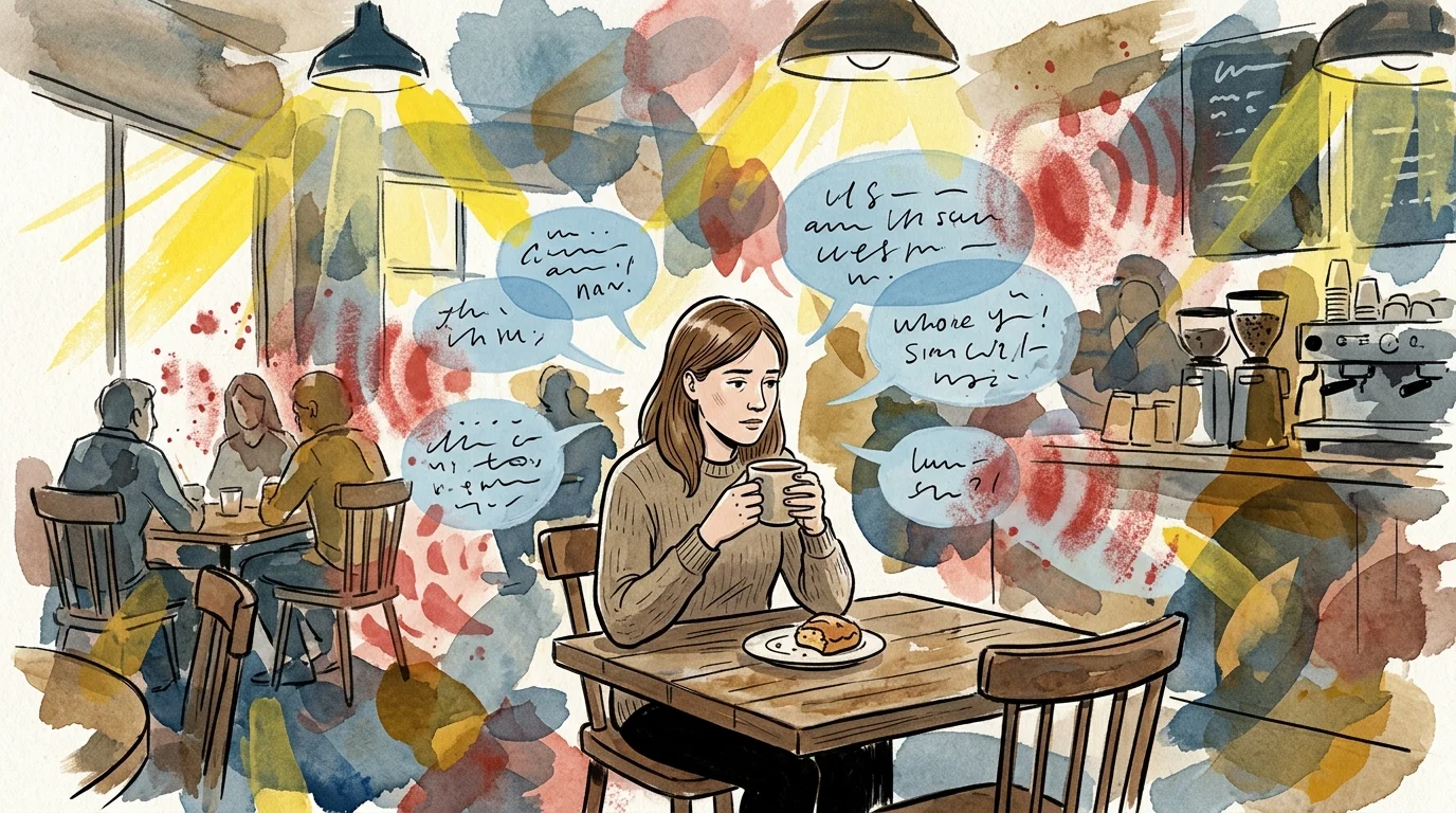 An illustration of a person at a cafe, surrounded by abstract colorful shapes that represent sensory noise and environmental inputs.