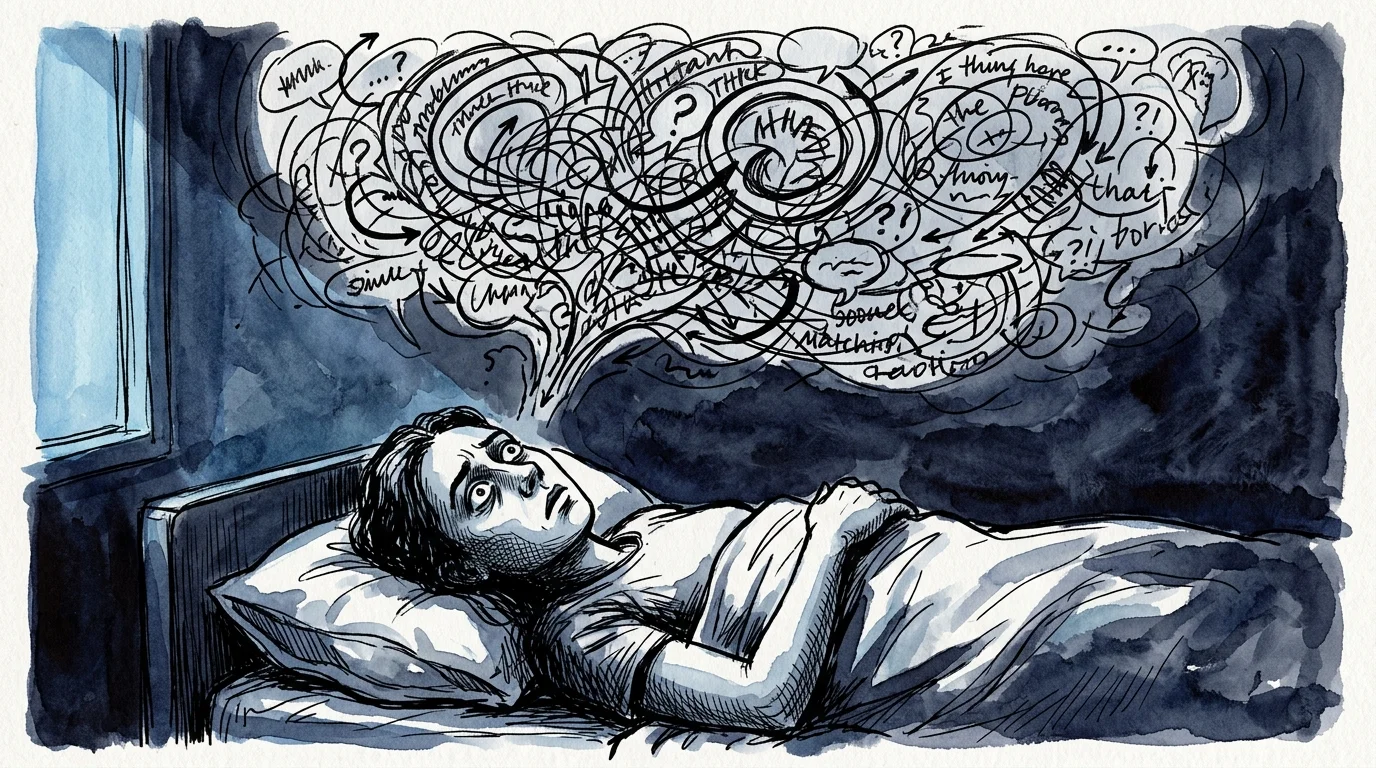 An illustration of a person awake in bed at night, with a complex, tangled maze of speech bubbles floating above their head.