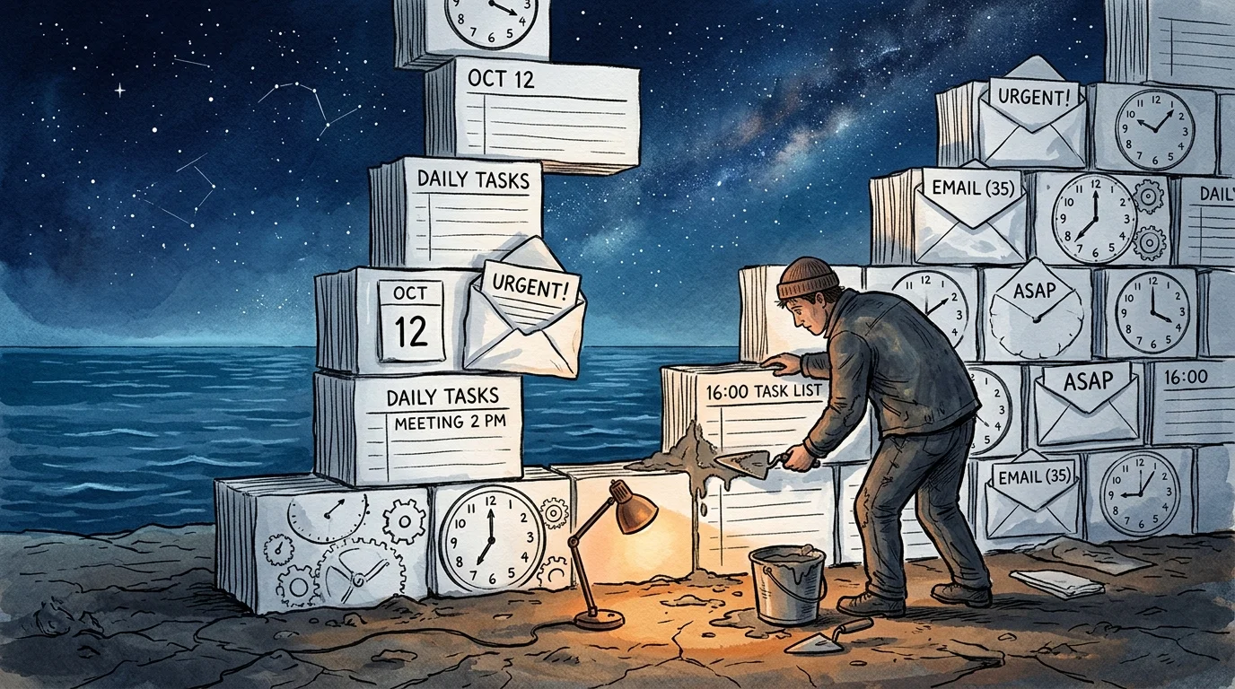 An illustration of a person building a wall of planner pages to shut out a calm blue night sky.