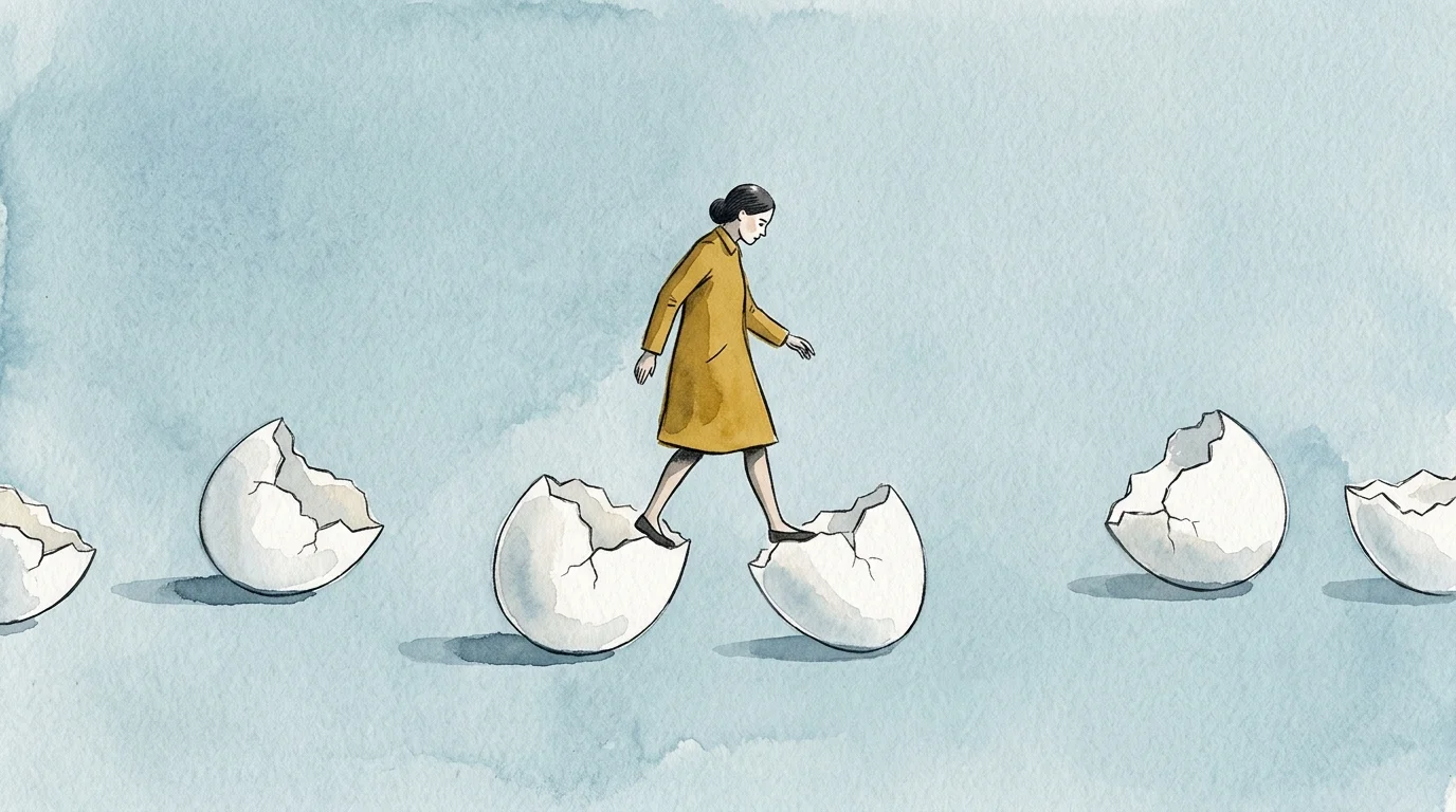 An illustration of a person carefully walking on giant, cracked eggshells floating in mid-air against a calm blue watercolor background.