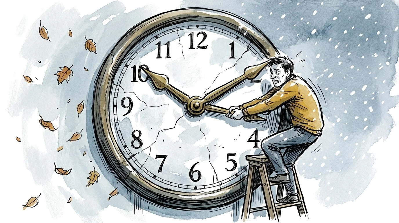 An illustration of a person holding back the hands of a giant clock while the seasons change in the background.