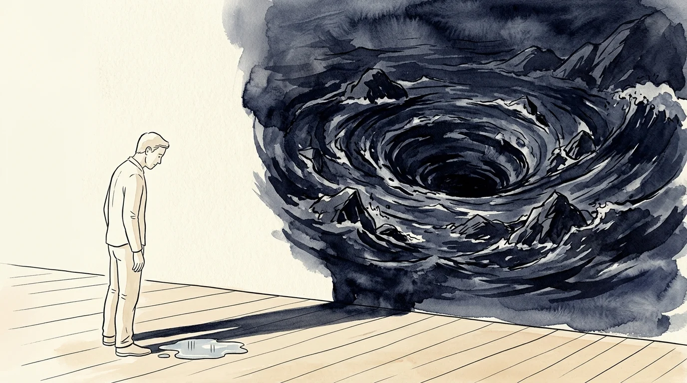 An illustration of a person looking at a small puddle, but their shadow projects it as a terrifying, stormy whirlpool on the wall.
