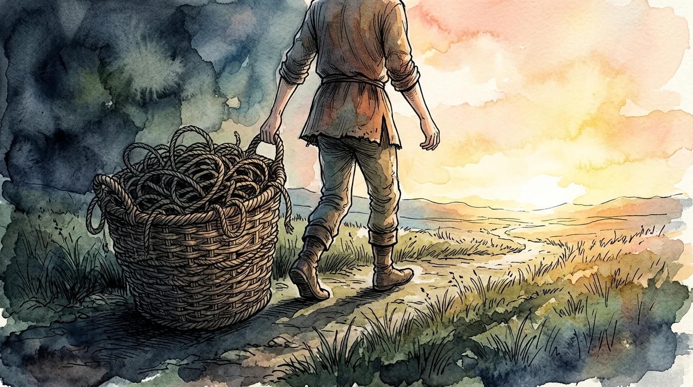 An illustration of a person setting down a heavy basket of tangled ropes and walking toward a bright, open path.