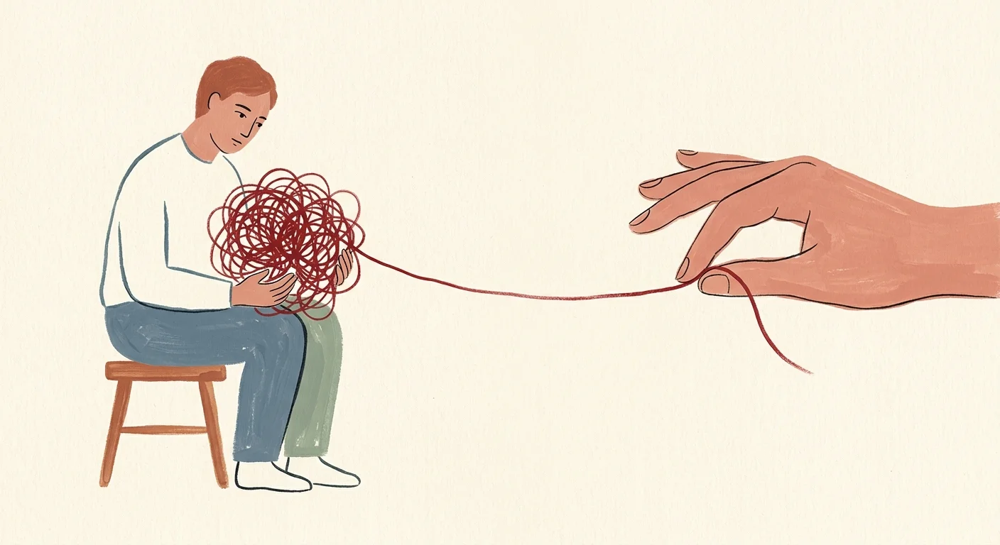 An illustration of a person sitting with a tangled ball of red yarn, while another hand gently pulls the thread to untangle it.