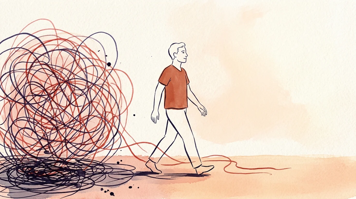 An illustration of a person stepping confidently out of a chaotic ball of red and blue tangled threads into a clean, warm, open space.