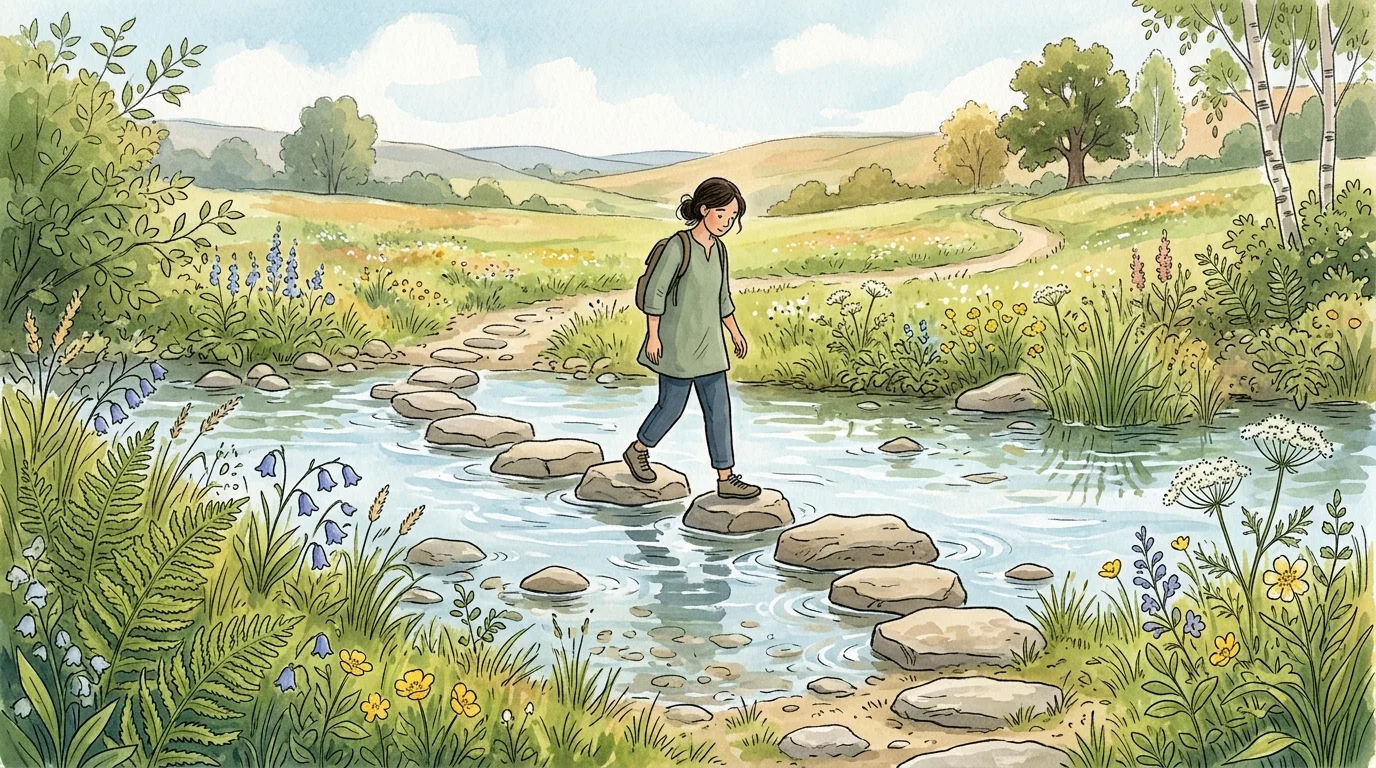 An illustration of a person stepping mindfully across a peaceful stream on stepping stones.