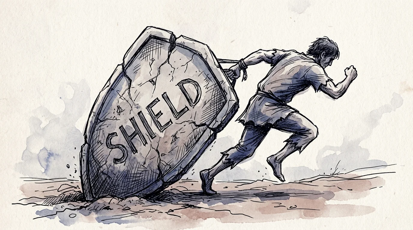 An illustration of a person strained while carrying a massive, cracking stone shield labeled SHIELD.