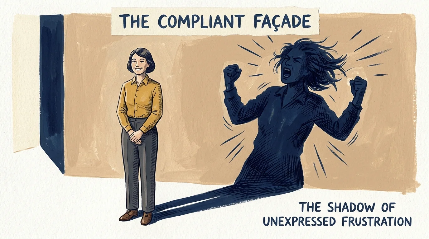 An illustration of a polite person casting a shadow that reveals deep, hidden frustration.