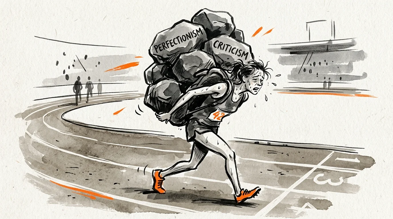 An illustration of a runner struggling under a heavy backpack filled with stones labeled perfectionism and criticism.