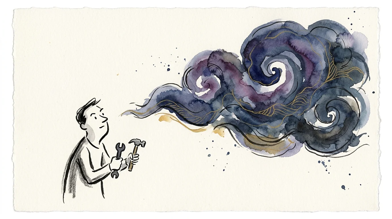 An illustration of a small figure with a wrench trying to fix a giant, beautiful watercolor storm cloud representing emotions.