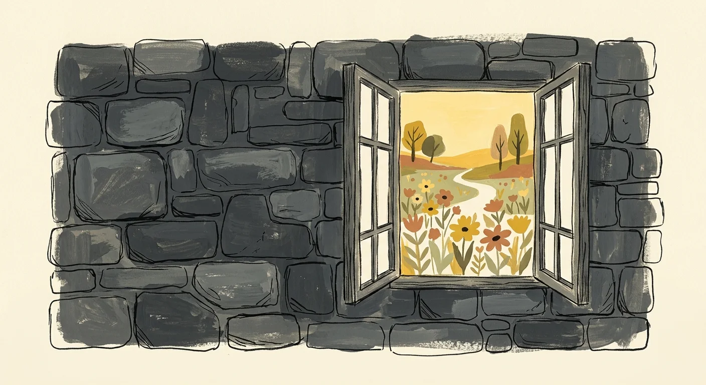 An illustration of a stone wall with a window looking out onto a vibrant field of wildflowers, representing breaking through myths.