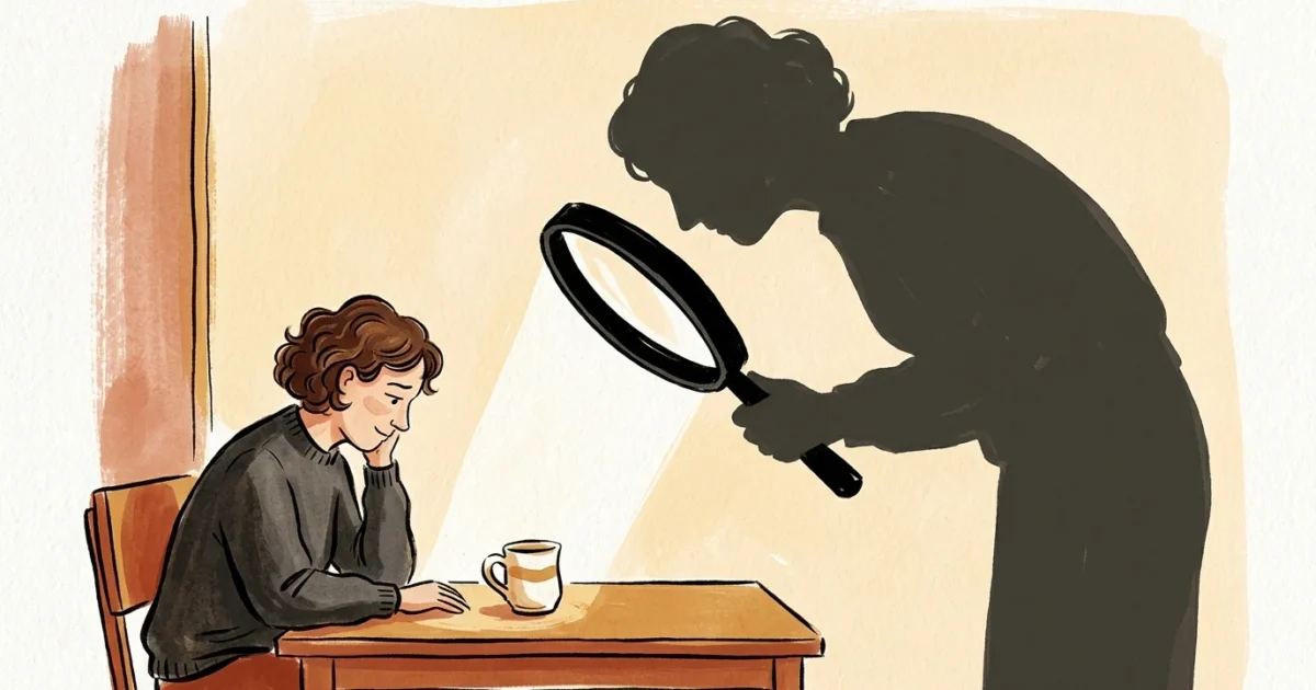 An illustration of a woman looking at a mug while her giant shadow holds a massive magnifying glass over it.