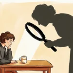 An illustration of a woman looking at a mug while her giant shadow holds a massive magnifying glass over it.
