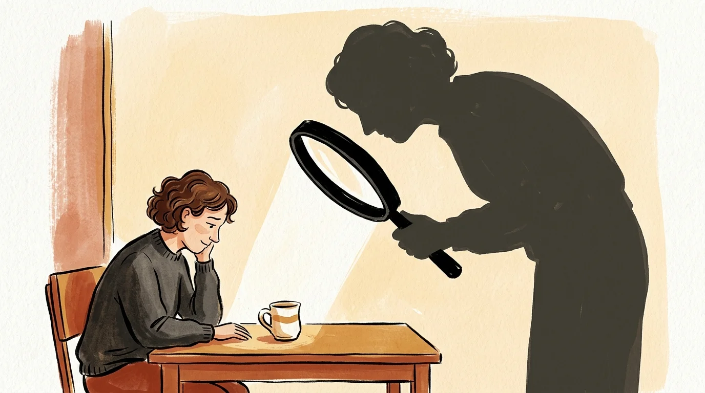 An illustration of a woman looking at a mug while her giant shadow holds a massive magnifying glass over it.