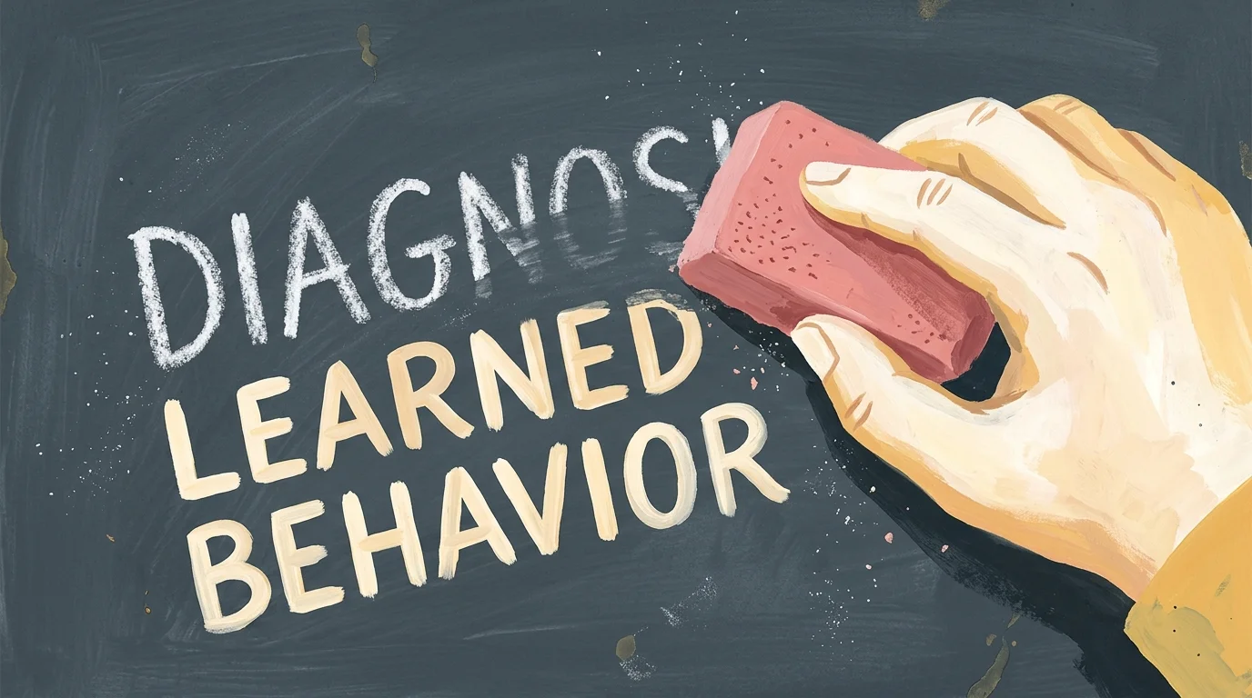 An illustration of an eraser wiping away 'DIAGNOSIS' on a chalkboard to reveal 'LEARNED BEHAVIOR' underneath.