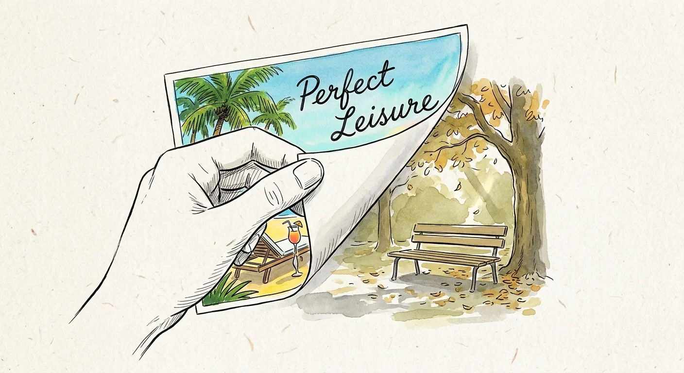 An illustration of an idealized tropical postcard being peeled back to reveal a simple, realistic park bench scene.